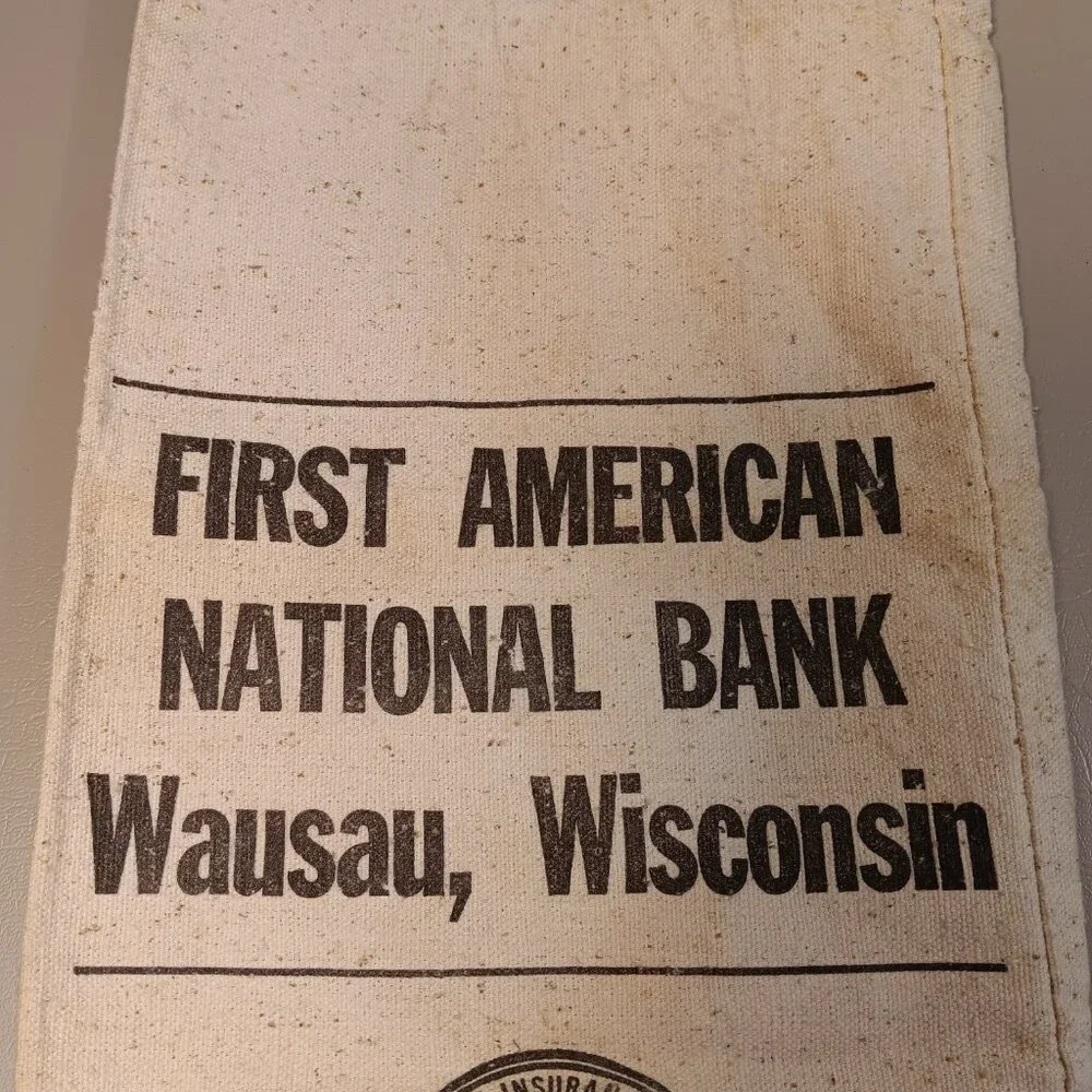 Vintage canvas graphic logo bank bag 'First American National Bank, Wausau, WI'
